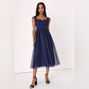 LULUS Regal Radiance Navy Blue Tulle Bustier Midi Dress